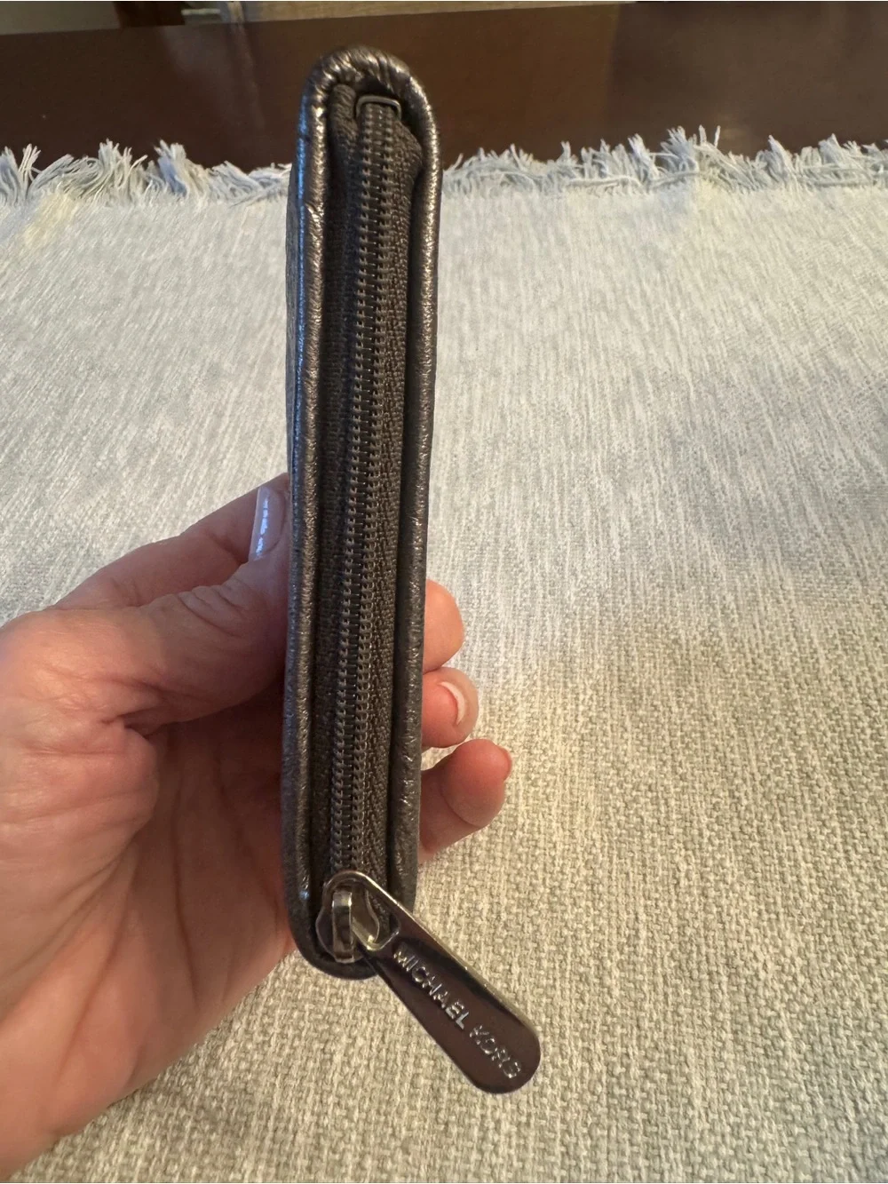 Michael Kors Metallic Pewter Leather Coin Pouch with Logo Plate